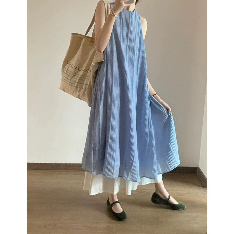 New Chinese style pleated textured sleeveless dress for women 2024 new temperament drape long skirt for women summer