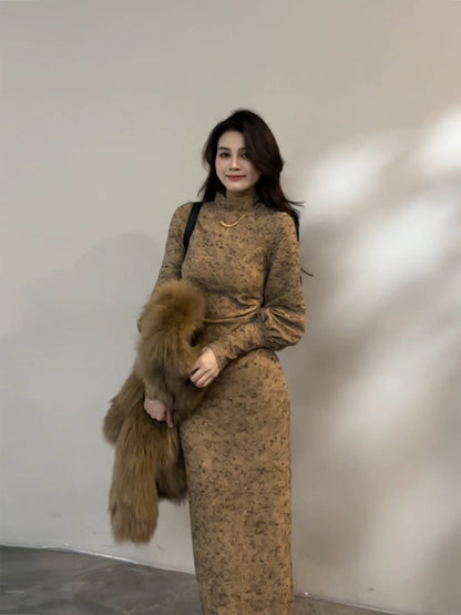 Da Tingting Autumn/Winter New Fashion Floral Lantern Sleeve High Neck Slim Fit Long Dress DT1882