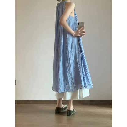 New Chinese style pleated textured sleeveless dress for women 2024 new temperament drape long skirt for women summer
