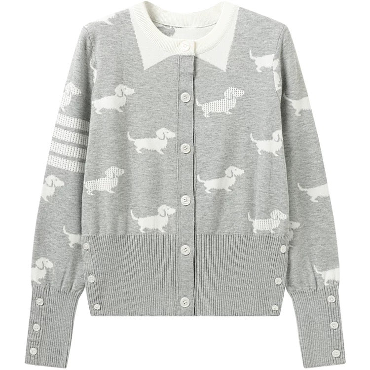 Jiuzhou Eslite/JZZDEMM puppy jacquard design fashionable round neck four-bar knitted sweater cardigan top for women