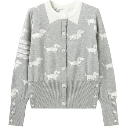 Jiuzhou Eslite/JZZDEMM puppy jacquard design fashionable round neck four-bar knitted sweater cardigan top for women