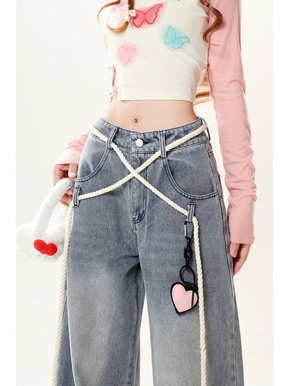Light-colored strappy wide-leg jeans for women, spring and autumn style, American high-street loose, high-waisted, straight-leg slim blue long trousers