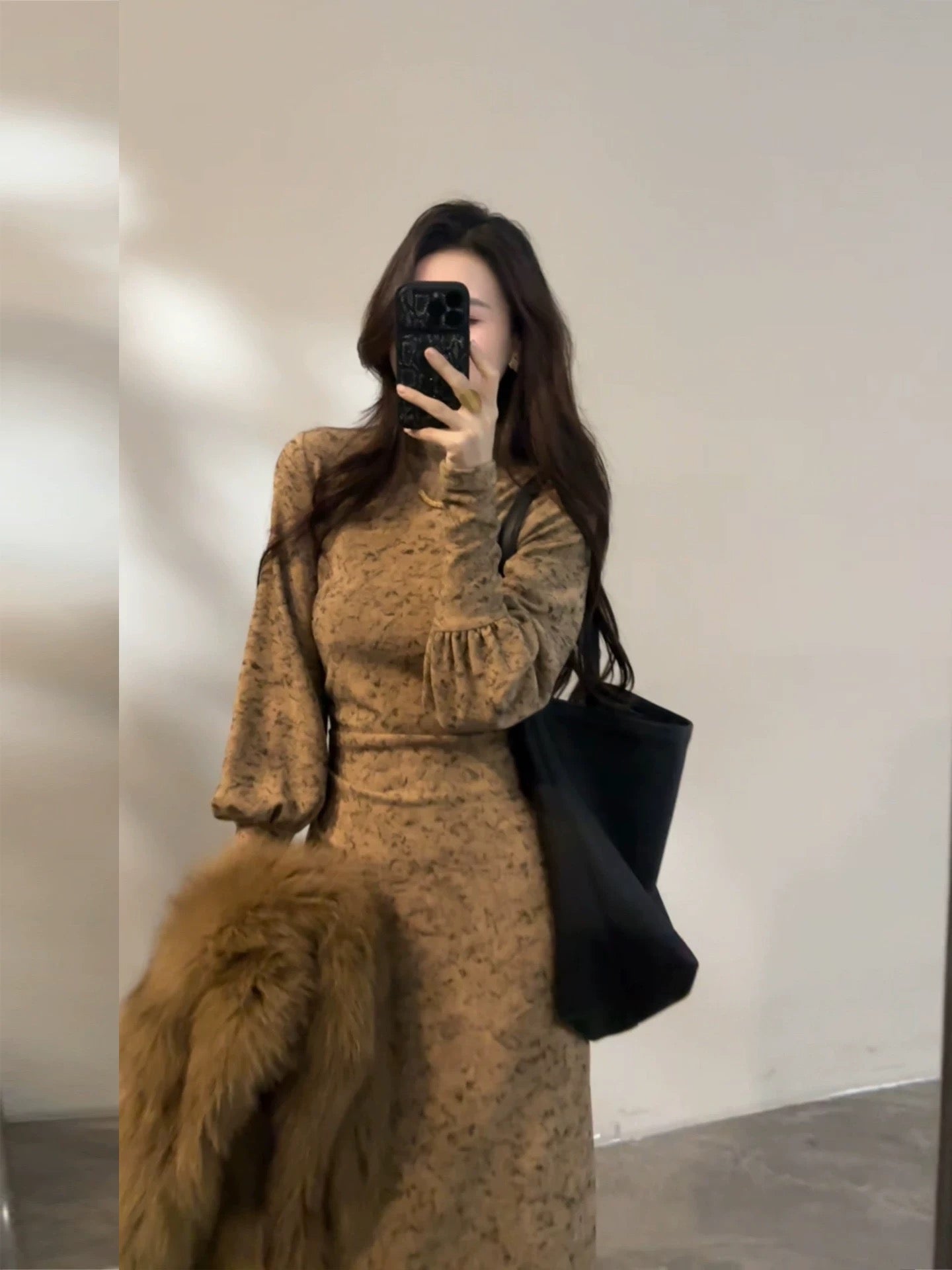 Da Tingting Autumn/Winter New Fashion Floral Lantern Sleeve High Neck Slim Fit Long Dress DT1882