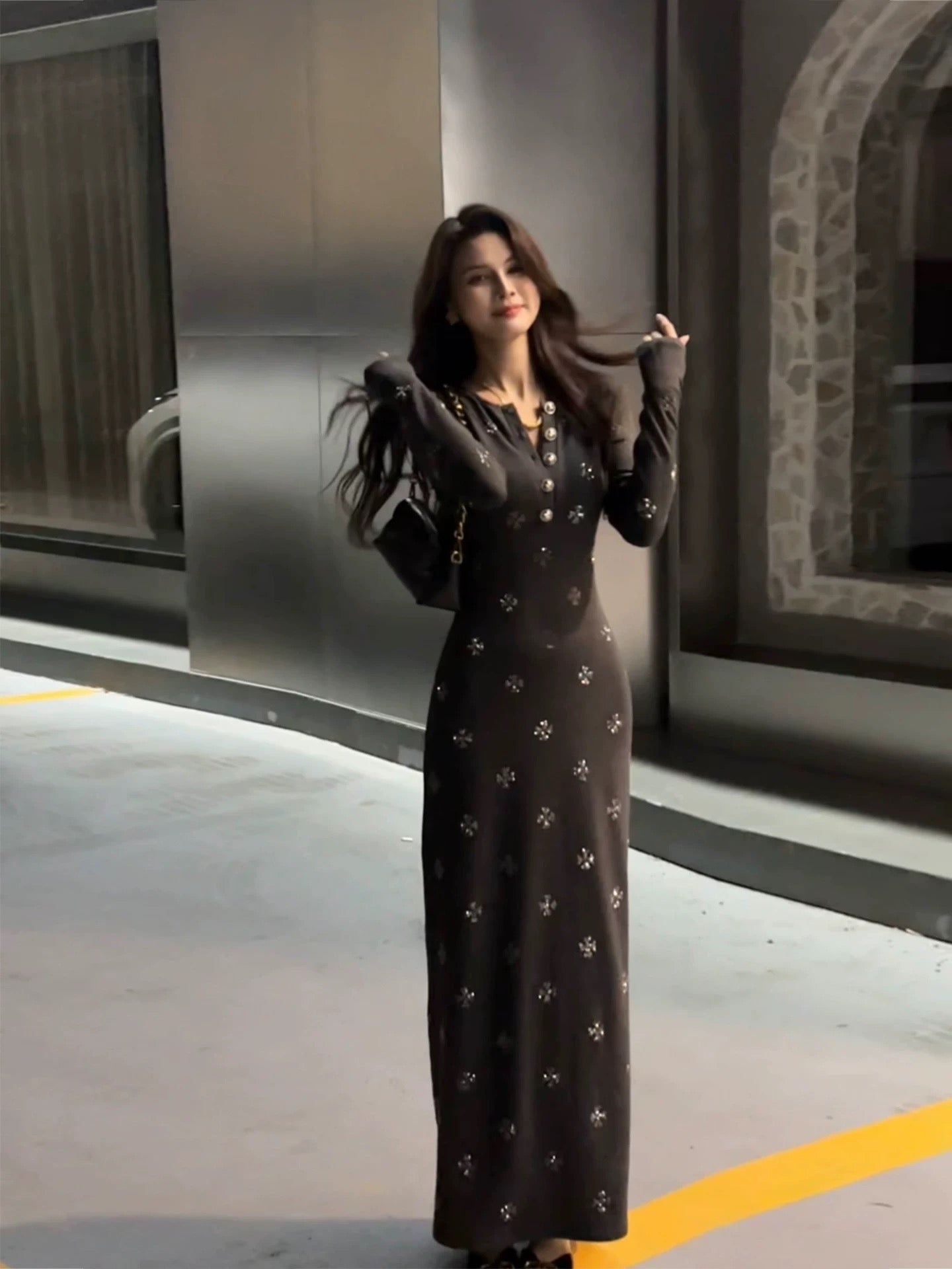 Da Tingting Long-Sleeved Retro Slim Fit Long Dress, New Autumn/Winter Fashion Button Women's Dress DT1878