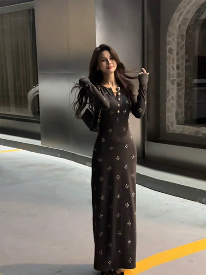 Da Tingting Long-Sleeved Retro Slim Fit Long Dress, New Autumn/Winter Fashion Button Women's Dress DT1878