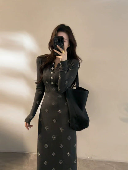 Da Tingting Long-Sleeved Retro Slim Fit Long Dress, New Autumn/Winter Fashion Button Women's Dress DT1878