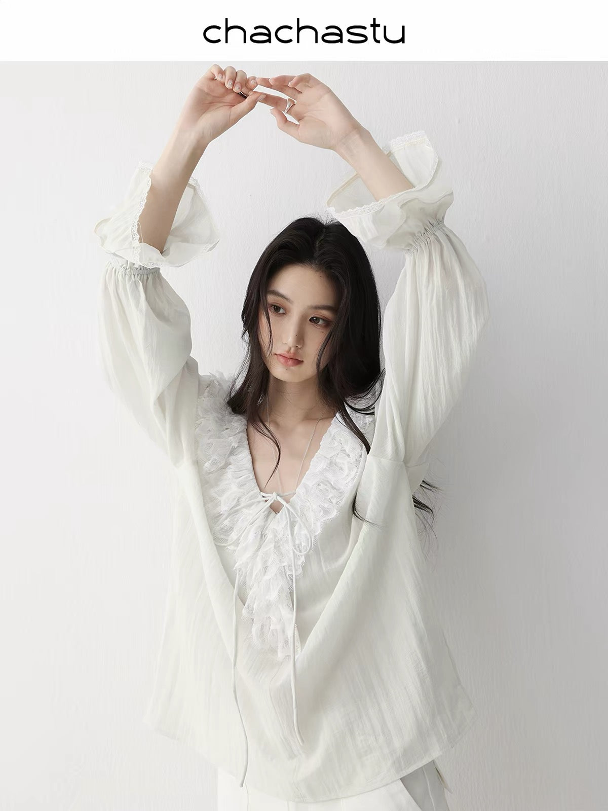 CHACHA Natural Vintage-Style Multi-Layered V-Neck Blouse with Subtle Crinkle Texture and Lace Trim (Summer)