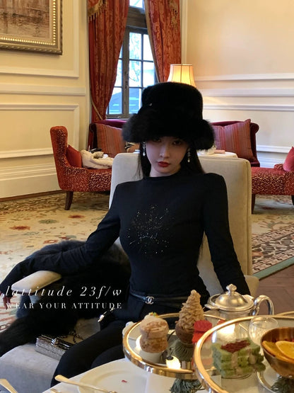 Lattitud Yang Xiaolu Amir hot diamond hand-painted pattern high collar 10% wool versatile knitted base