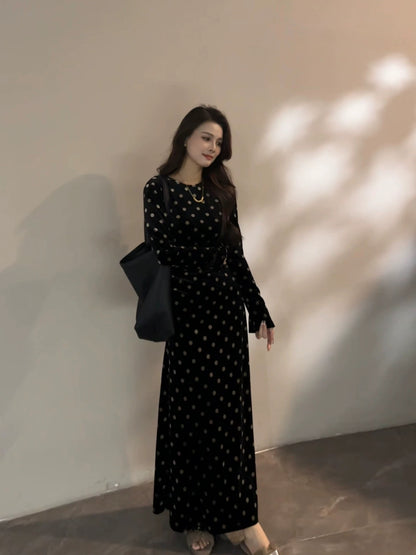 Da Tingting Long Polka Dot Tie-Waist Black Slimming Dress Retro Fashion Autumn/Winter New Style Dress DT1867
