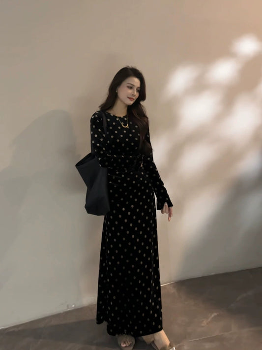 Da Tingting Long Polka Dot Tie-Waist Black Slimming Dress Retro Fashion Autumn/Winter New Style Dress DT1867