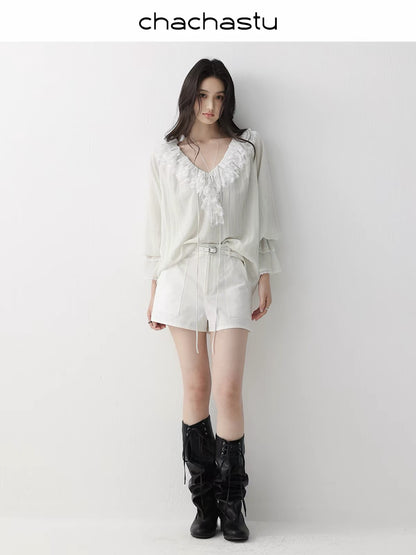 CHACHA Natural Vintage-Style Multi-Layered V-Neck Blouse with Subtle Crinkle Texture and Lace Trim (Summer)