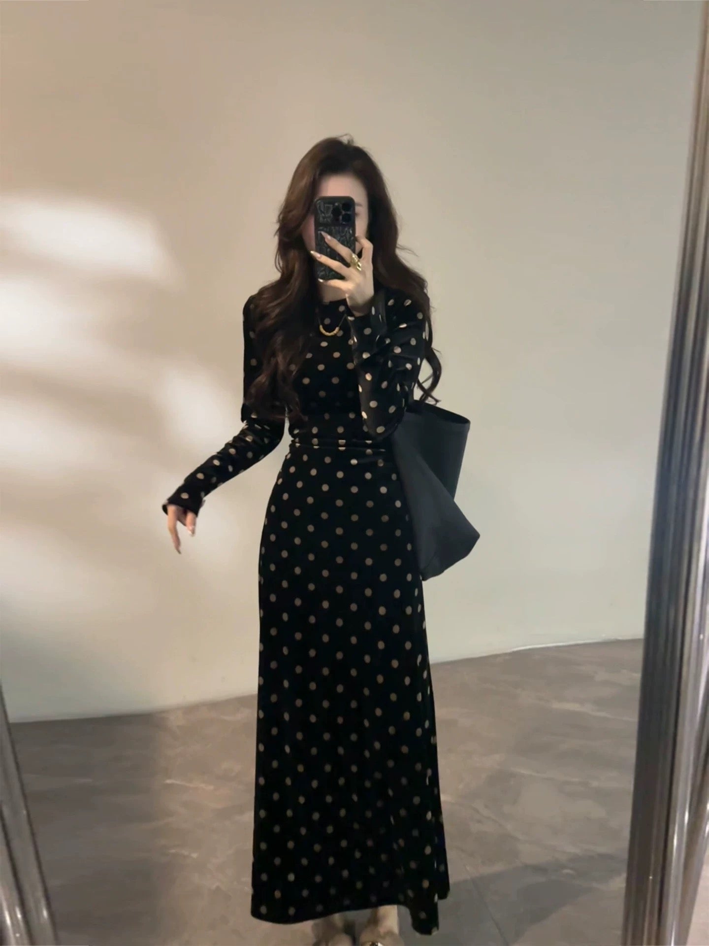 Da Tingting Long Polka Dot Tie-Waist Black Slimming Dress Retro Fashion Autumn/Winter New Style Dress DT1867
