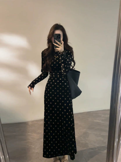 Da Tingting Long Polka Dot Tie-Waist Black Slimming Dress Retro Fashion Autumn/Winter New Style Dress DT1867
