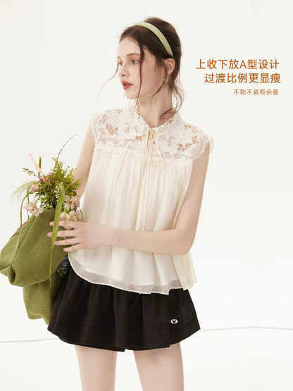 Xidi 2026 New Summer Women's Sleeveless Shirt – Loose, Slimming French-Style Top with Cut-Out Embroidery and Lace Paneling
