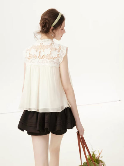 Xidi 2026 New Summer Women's Sleeveless Shirt – Loose, Slimming French-Style Top with Cut-Out Embroidery and Lace Paneling
