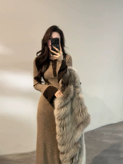 Da Tingting Long Sleeve Winter New Patchwork Dress Double Layer Waist-cinching Retro Dress DT1866