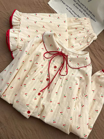 Sin Glee Sweet Lace-Trimmed Cherry Peter Pan Collar Loungewear Set for Women (Spring/Autumn 2025)
