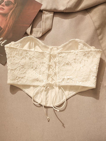 White fishbone lace camisole for women, sexy back, slim waist, design sleeveless top