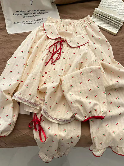 Sin Glee Sweet Lace-Trimmed Cherry Peter Pan Collar Loungewear Set for Women (Spring/Autumn 2025)