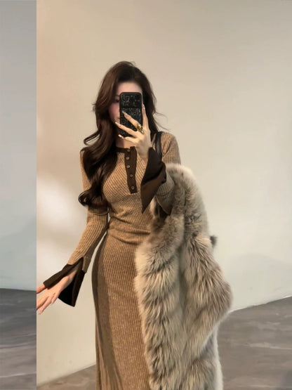 Da Tingting Long Sleeve Winter New Patchwork Dress Double Layer Waist-cinching Retro Dress DT1866