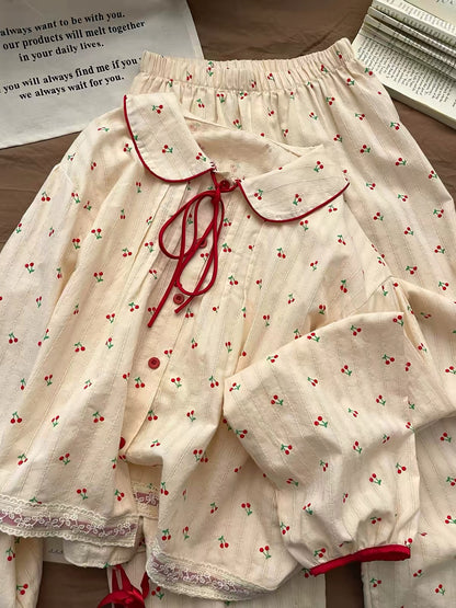 Sin Glee Sweet Lace-Trimmed Cherry Peter Pan Collar Loungewear Set for Women (Spring/Autumn 2025)