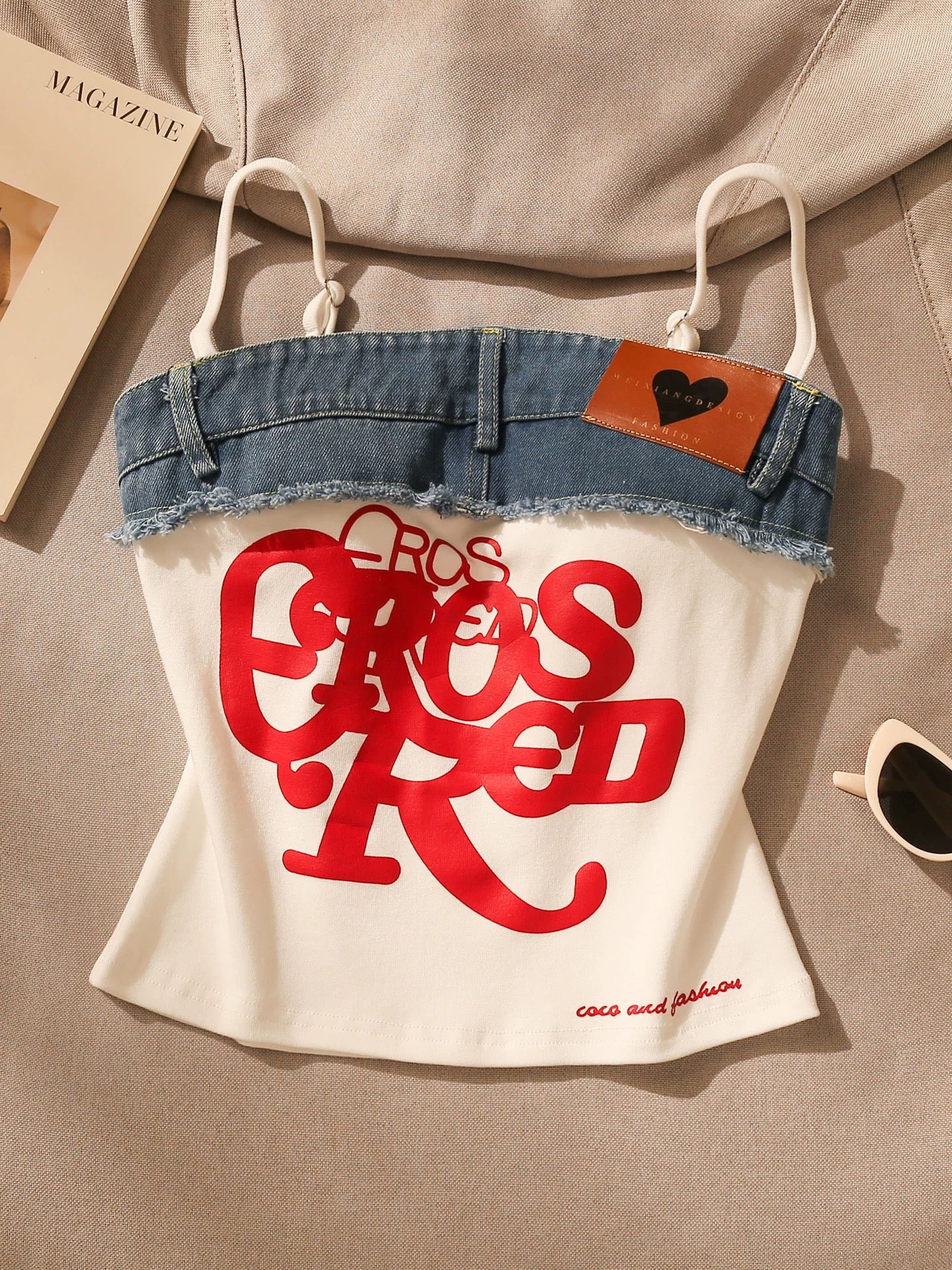 American style hot girl letter denim splicing camisole vest for women summer wear slim fit chic design tube top
