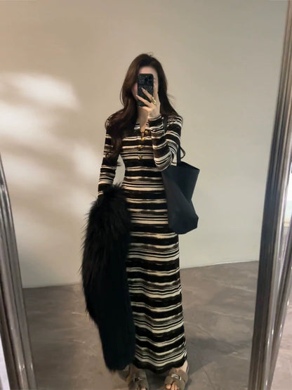 Da Tingting Autumn/Winter New Double-Layer Fleece-Lined Coffee-Apricot Striped Long-Sleeved Slimming Elegant Dress DT1865