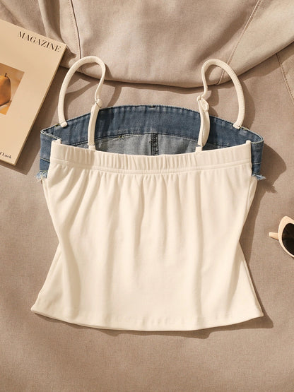 American style hot girl letter denim splicing camisole vest for women summer wear slim fit chic design tube top