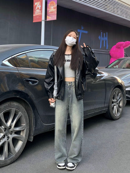 Chun Gejia Starry Sky Pattern Straight Jeans Women's Spring New Style Retro Nostalgic High Waist Slimming Small Wide Leg Pants