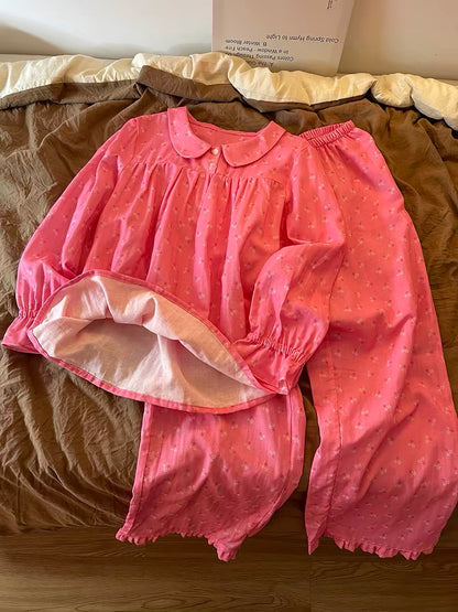 Sin Glee Women's Sweet Pink Floral Peter Pan Collar Pajama Set – Long-Sleeved Loungewear Suitable for Spring/Autumn and Casual Wear