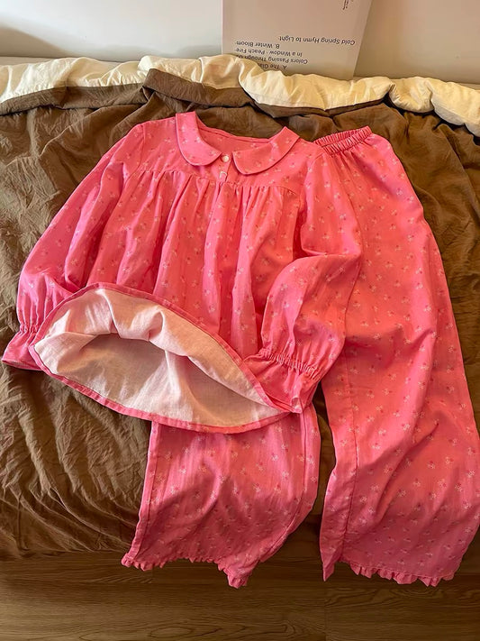 Sin Glee Women's Sweet Pink Floral Peter Pan Collar Pajama Set – Long-Sleeved Loungewear Suitable for Spring/Autumn and Casual Wear