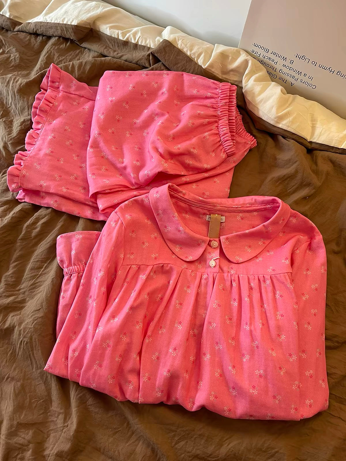 Sin Glee Women's Sweet Pink Floral Peter Pan Collar Pajama Set – Long-Sleeved Loungewear Suitable for Spring/Autumn and Casual Wear
