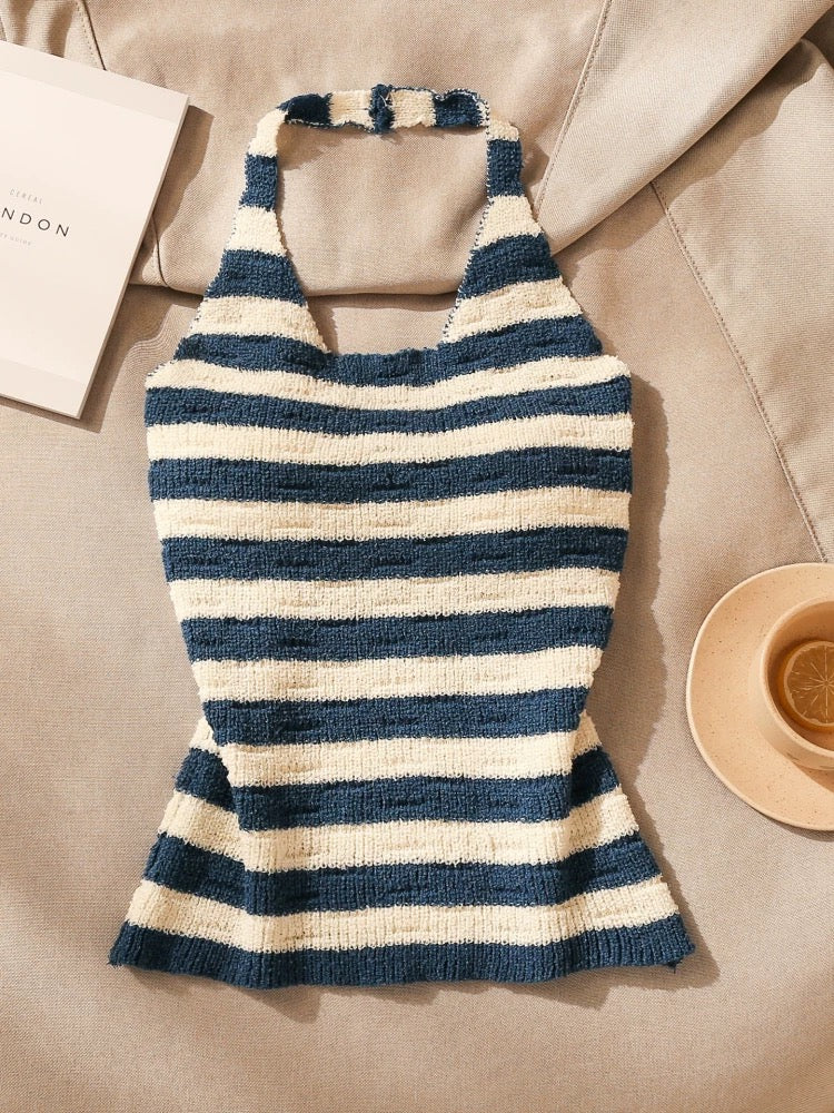 Striped halter neck camisole small vest for women summer wear hot girl sexy knitted backless slim fit short top