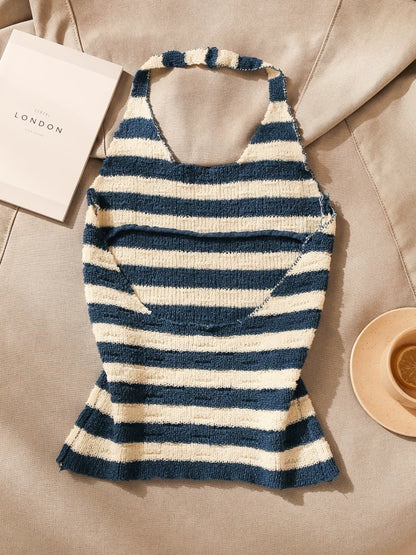 Striped halter neck camisole small vest for women summer wear hot girl sexy knitted backless slim fit short top