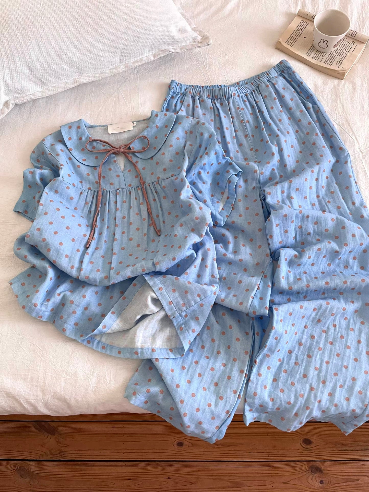 Sin Glee Sweet-Style Blue Polka-Dot Pajama Set for Women (Autumn): Long-Sleeve Top with Tie-Front & Peter Pan Collar + Pants Loungewear Set
