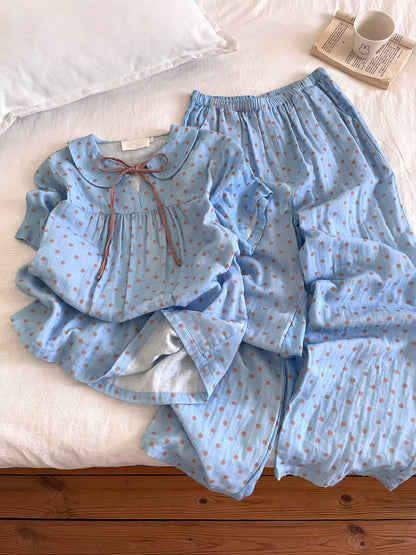 Sin Glee Sweet-Style Blue Polka-Dot Pajama Set for Women (Autumn): Long-Sleeve Top with Tie-Front & Peter Pan Collar + Pants Loungewear Set
