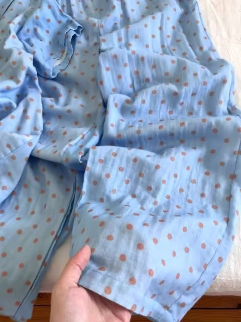 Sin Glee Sweet-Style Blue Polka-Dot Pajama Set for Women (Autumn): Long-Sleeve Top with Tie-Front & Peter Pan Collar + Pants Loungewear Set