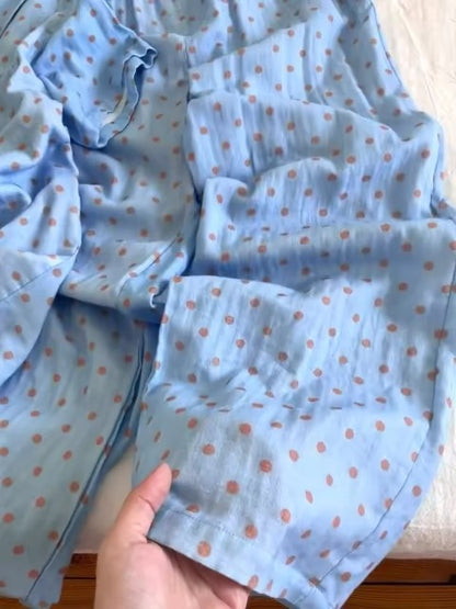 Sin Glee Sweet-Style Blue Polka-Dot Pajama Set for Women (Autumn): Long-Sleeve Top with Tie-Front & Peter Pan Collar + Pants Loungewear Set