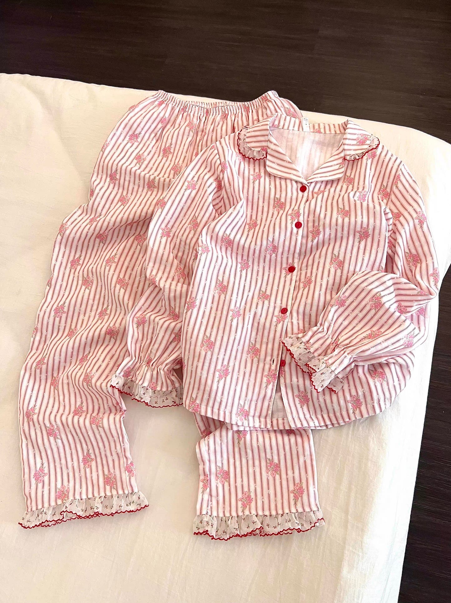 Sin Glee Women's Autumn Long-Sleeve & Trouser Pajama Set – Soft Pink Stripes with Lace Trim
