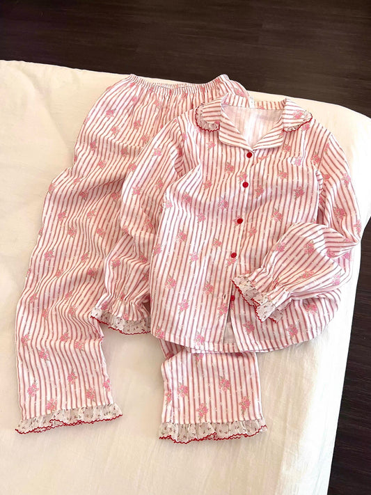 Sin Glee Women's Autumn Long-Sleeve & Trouser Pajama Set – Soft Pink Stripes with Lace Trim