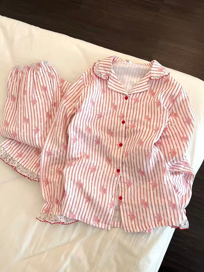 Sin Glee Women's Autumn Long-Sleeve & Trouser Pajama Set – Soft Pink Stripes with Lace Trim
