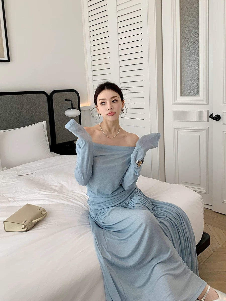 Feng Xinying wears a complete set of women's clothing in early spring 2025 new long-sleeved knitted top + mid-length skirt