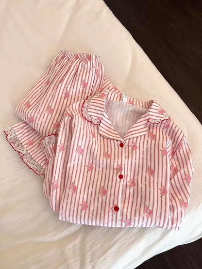 Sin Glee Women's Autumn Long-Sleeve & Trouser Pajama Set – Soft Pink Stripes with Lace Trim