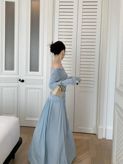 Feng Xinying wears a complete set of women's clothing in early spring 2025 new long-sleeved knitted top + mid-length skirt