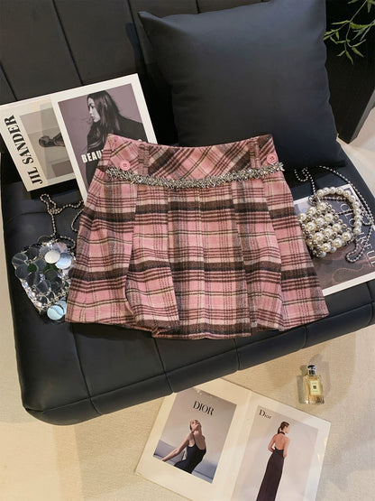 ZHOUYI/Monday: A gorgeous pink plaid rhinestone-embellished mini skirt, high-waisted and elegant A-line style perfect for autumn and winter.