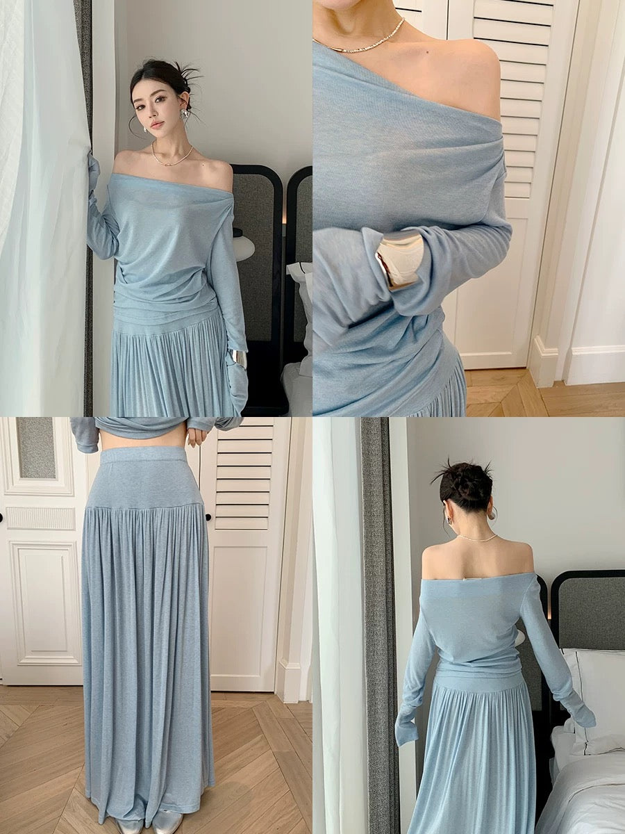 Feng Xinying wears a complete set of women's clothing in early spring 2025 new long-sleeved knitted top + mid-length skirt