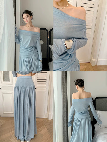 Feng Xinying wears a complete set of women's clothing in early spring 2025 new long-sleeved knitted top + mid-length skirt