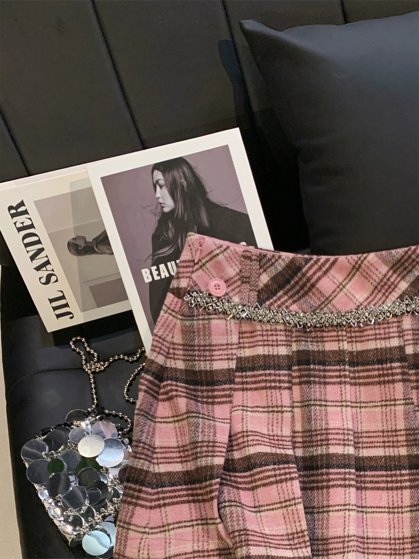 ZHOUYI/Monday: A gorgeous pink plaid rhinestone-embellished mini skirt, high-waisted and elegant A-line style perfect for autumn and winter.