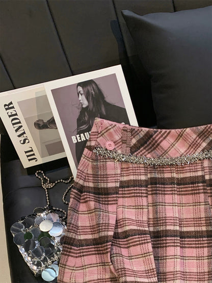 ZHOUYI/Monday: A gorgeous pink plaid rhinestone-embellished mini skirt, high-waisted and elegant A-line style perfect for autumn and winter.