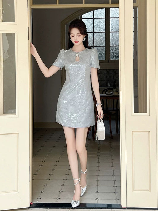 Birthday dress dress, summer female celebrity temperament, heavy industry sequins, small person hollow sexy waist A-line skirt